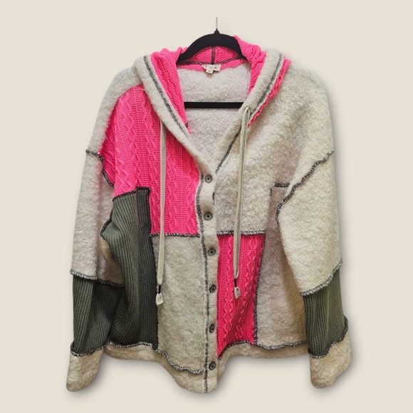 POL Sweaters - POL Large Mixed Fabric Knit Hooded Cardigan Sweater Patchwork Pink Green Cream